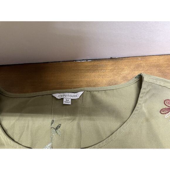John Mark Women's M Olive Green Floral Embroidered Tunic Top 3/4 Bell Sleeve - Picture 3 of 11
